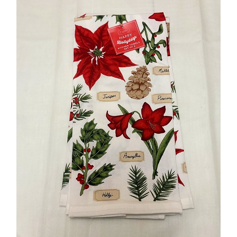 St Nicholas Square Happy Hollydays Kitchen Towel 2 pc Poinsettias Holly Berries